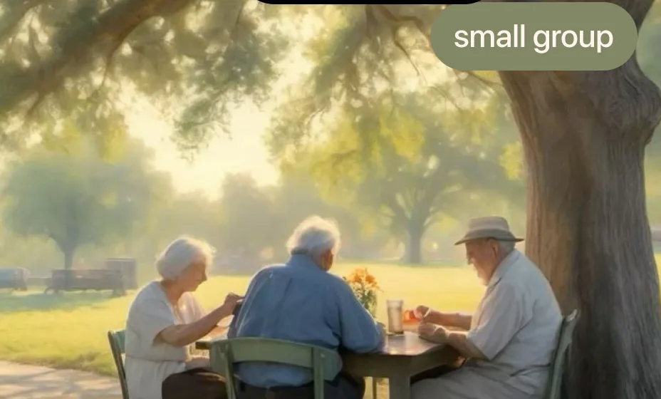 Five friends having lunch under an oak tree
